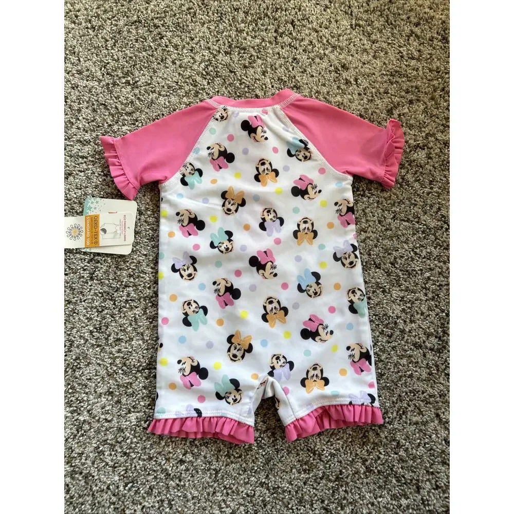 NEW DISNEY BABY 3/6m Girls Swim Suit 1pc Minnie Mouse Rash Guard UPF 50+ J25